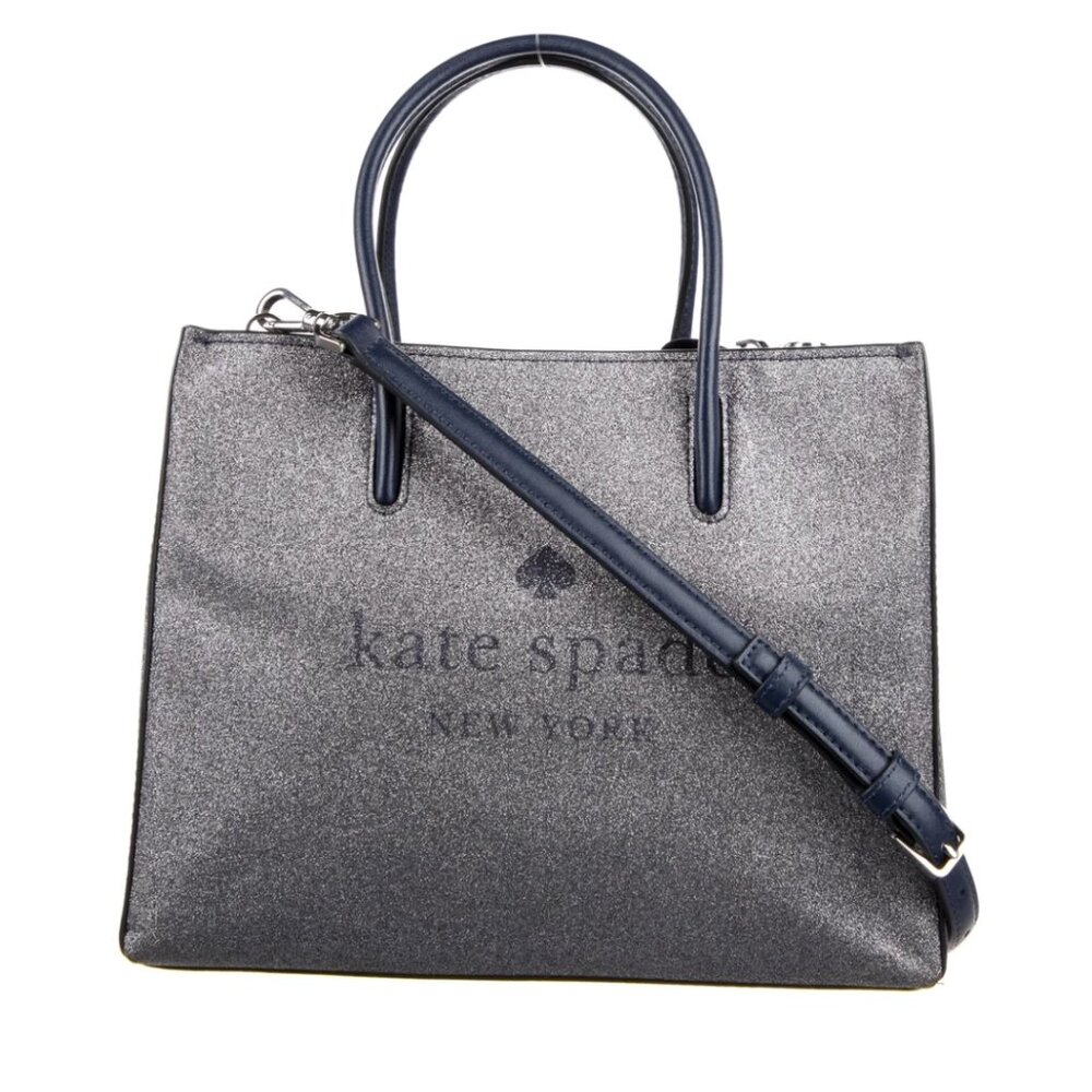 RARE Kate Spade New York Leather Trimmed Glitter Tote Cinch Top Navy Blue Silver